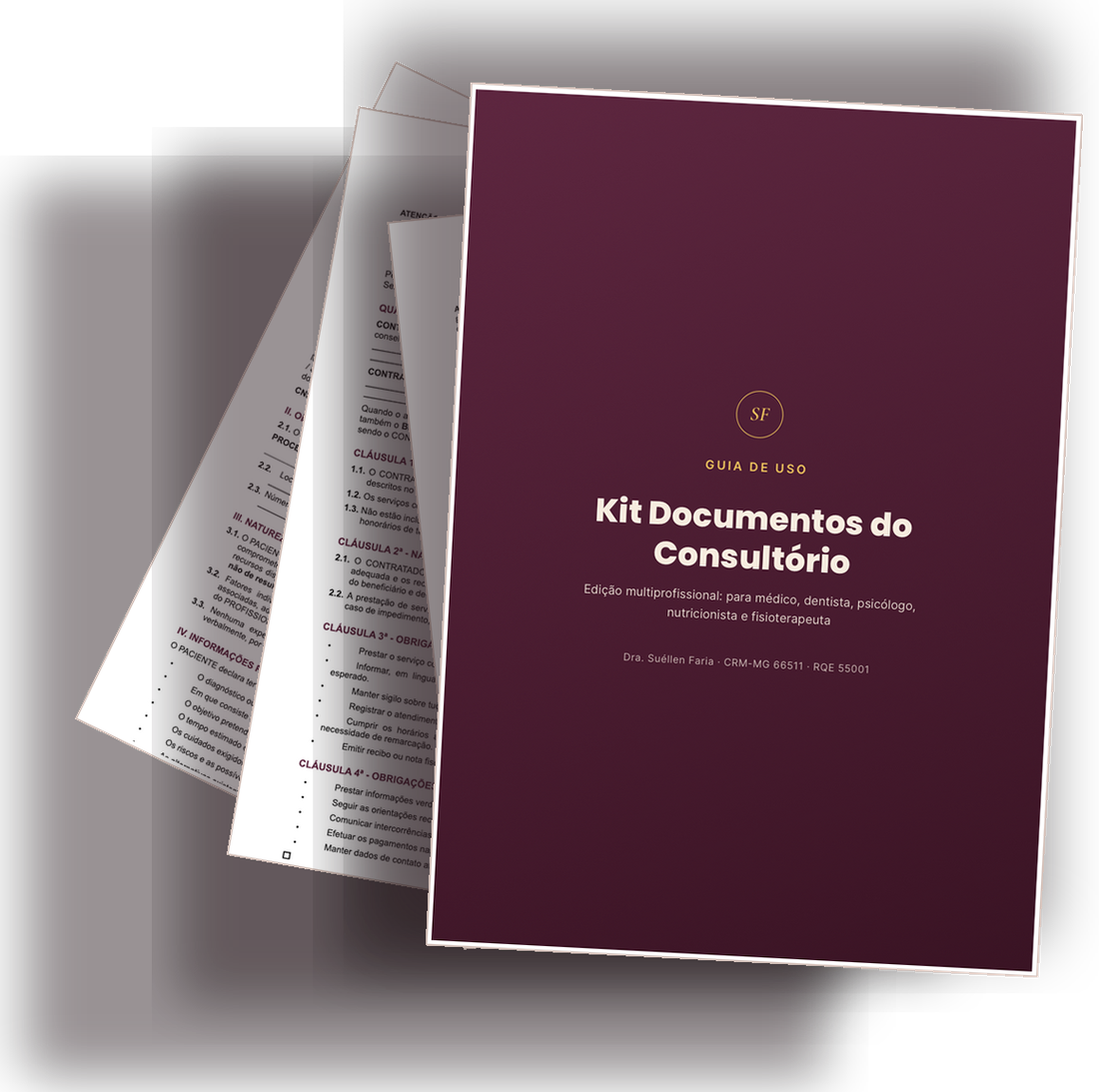 O guia de uso e três dos documentos do Kit Documentos do Consultório